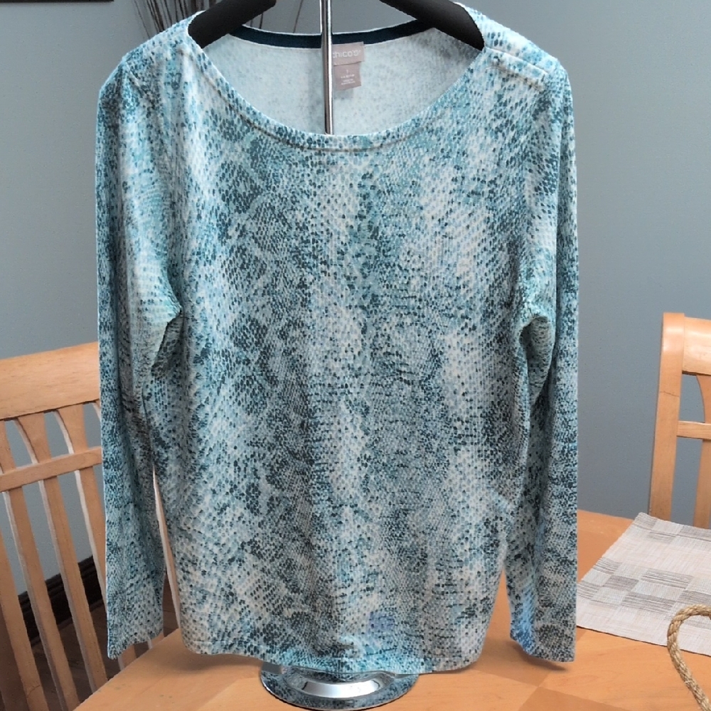Chico's Aqua and White Patterned Blouse